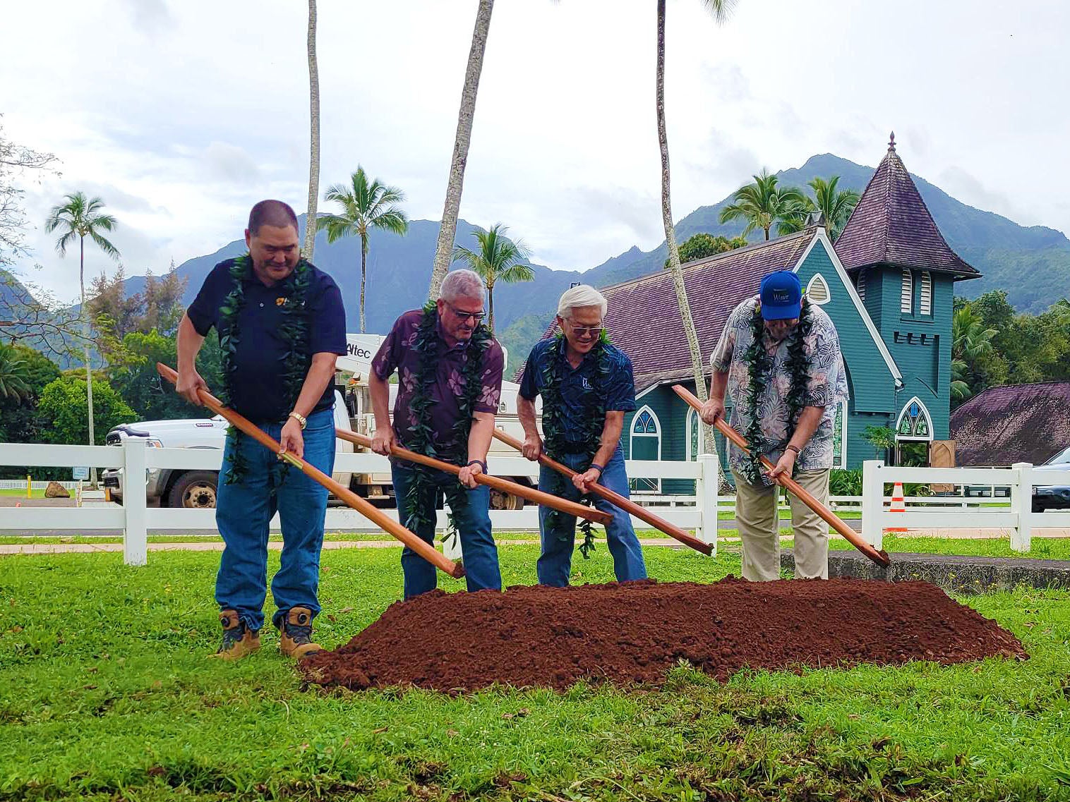 Dignitaries participate in a dirt-turning blessing ceremony with traditional ʻōʻō sticks on Monday, March 16, 2026, for the Hanalei Water Line Improvements Project. From left to right: Koga Engineering & Construction Inc. Project Manager Garret Ichimura; Kaua’i County Council Chairman Mel Rapozo; Board of Water Supply Chair Tom Shigemoto; DOW Manager and Chief Engineer Joe Tait.

