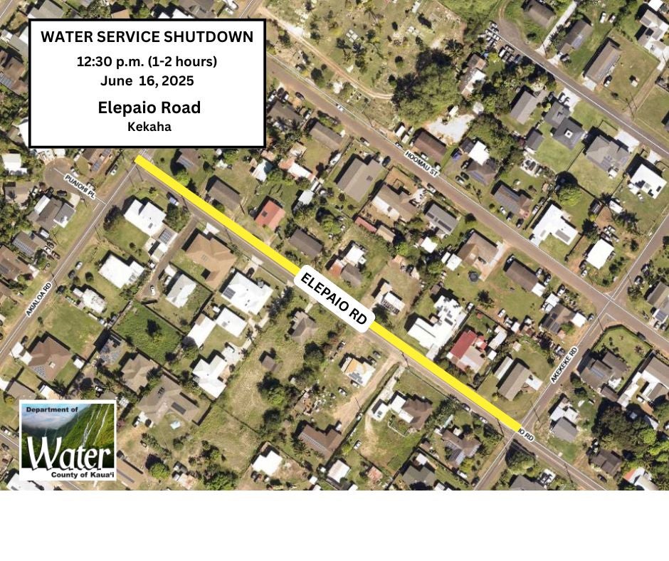 Map of water shutdown on Elepaio Road in Kekaha.
