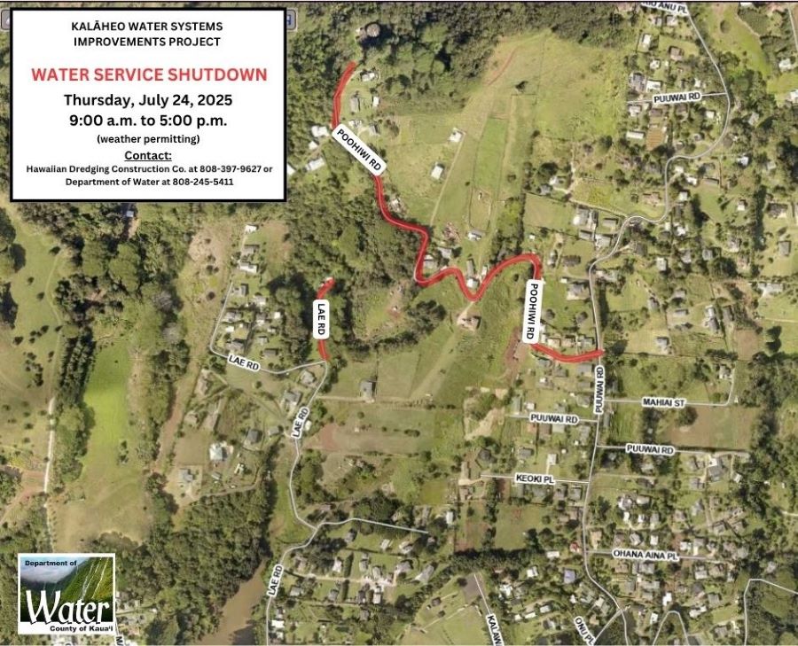 Map of Kalaheo water service shutdown for July 24, 2025