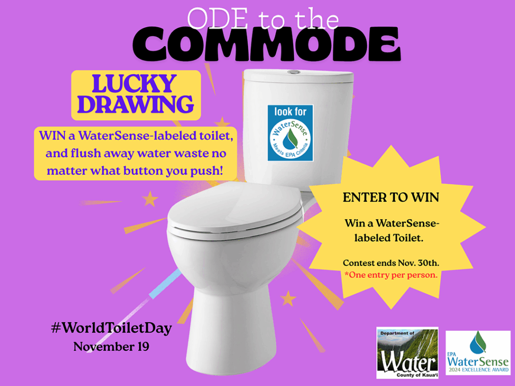 Lucky Drawing. Win a WaterSense-labeleld toilet, and flush away water waste no matter what button you push! Enter to win a WaterSense-labeled toilet. Contest ends Nov. 30th. *One entry per person. #WorldToiletDay November 19.