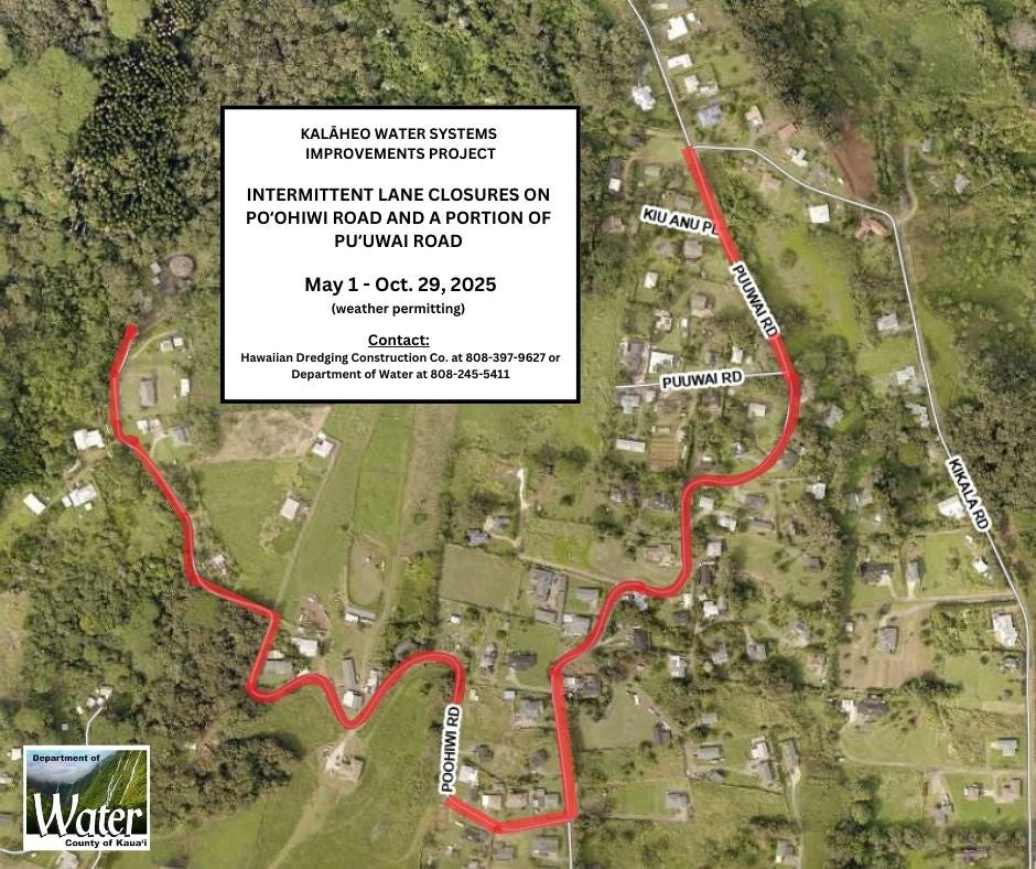 Map of lane closures for the Kalaheo Water Systems Improvements Project.