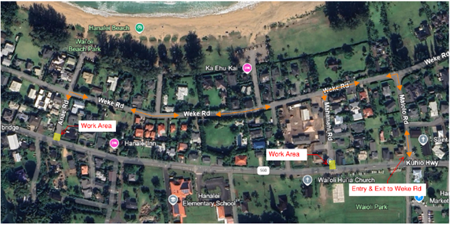 Map of the intersection closures on Kūhiō Highway in Hanalei scheduled for June 18, 2025.