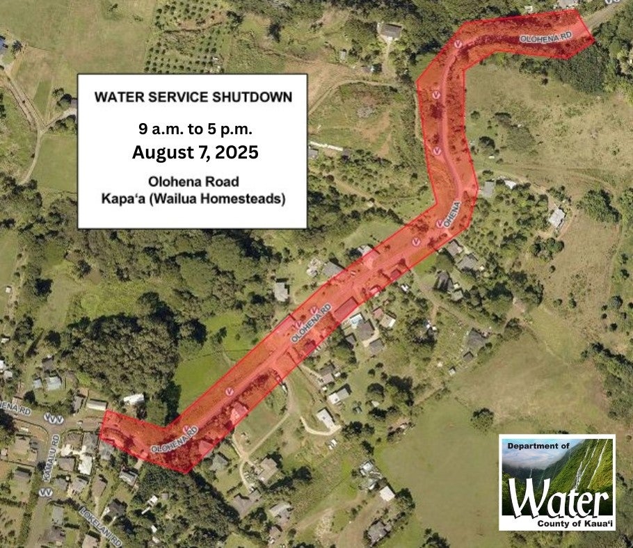 Map of water service shutdown scheduled for August 7, 2025, 9am-5pm on a portion of Olohena Road.